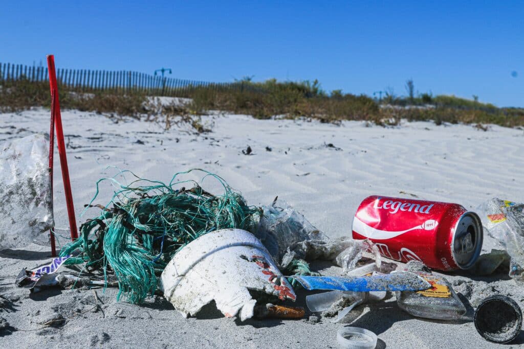 Litter and waste on a beach
